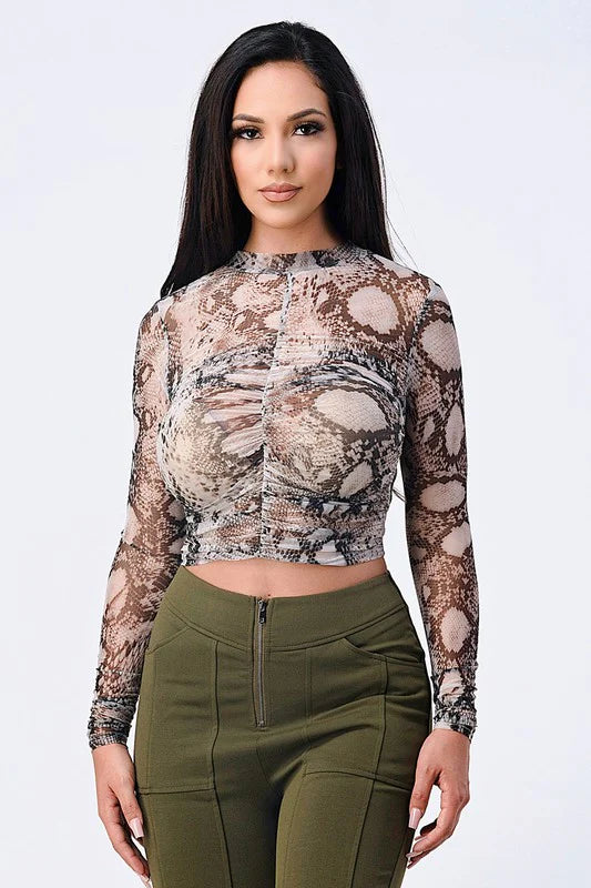 Snake Print Mesh Long Sleeve Top