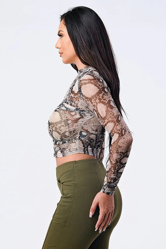 Snake Print Mesh Long Sleeve Top