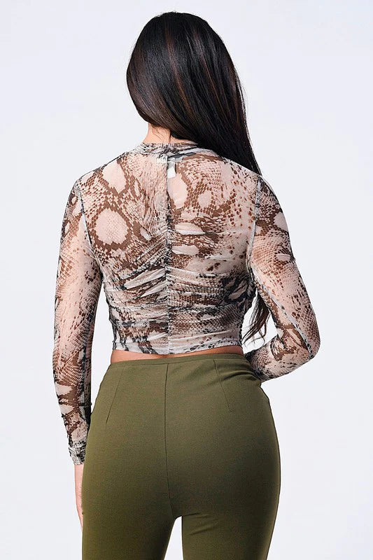 Snake Print Mesh Long Sleeve Top