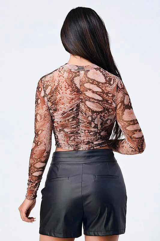 Snake Print Mesh Long Sleeve Top