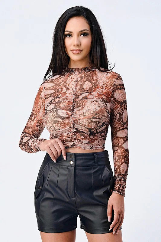 Snake Print Mesh Long Sleeve Top